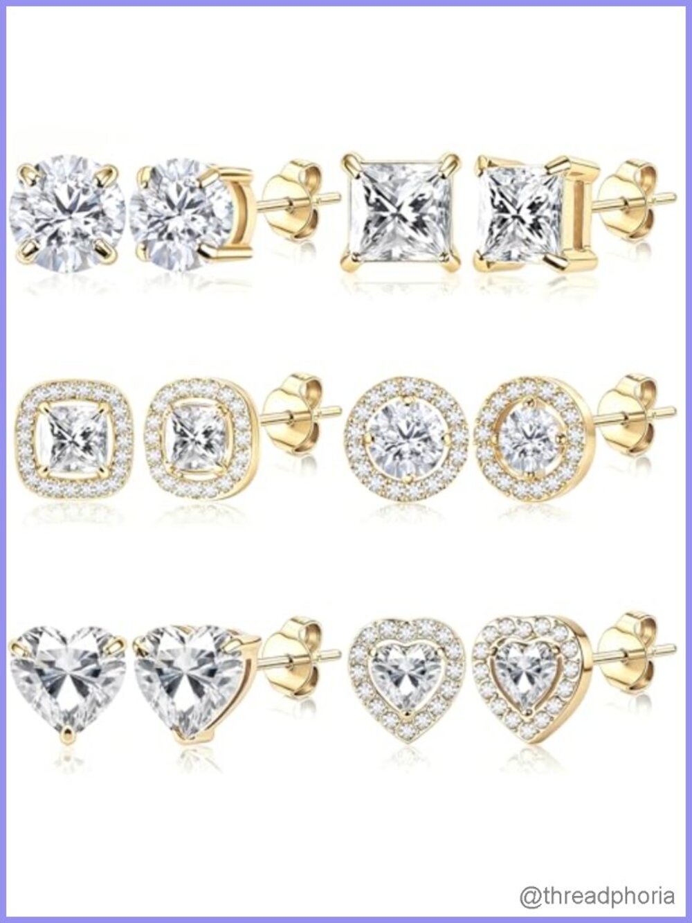 14K Gold Plated Stainless Steel CZ Stud Earrings Set Hypoallergenic